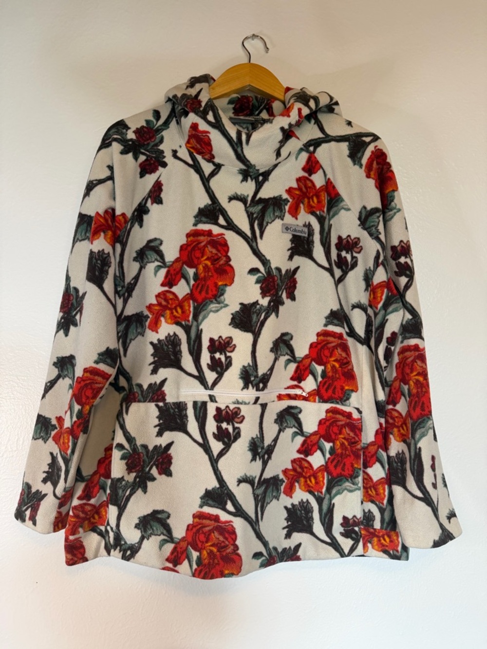 Columbia Cream Fleece Hoodie with Red Floral Print 2X